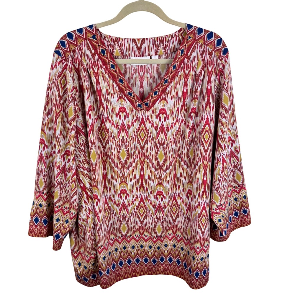 Belle by Kim Gravel Womens Size 3X Ikat Print V-Neck Rhinestone Blouse Red Gold